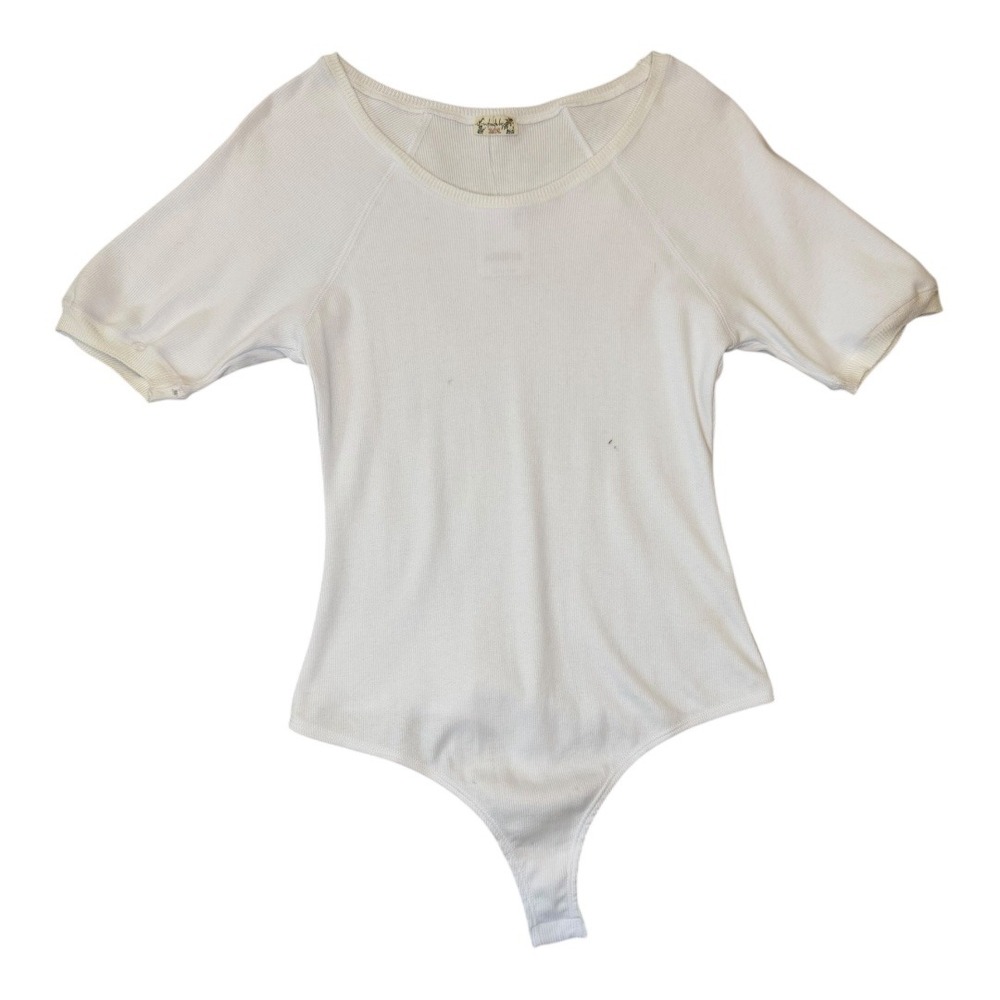 Free People Ribbed Knit Short Sleeve Bodysuit Thong White Medium New With Defect